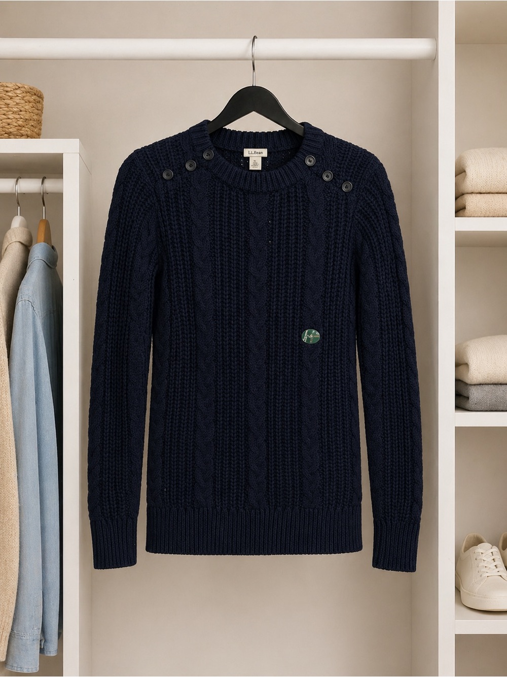 L.L.Bean Rope Stitch Cotton Crewneck Sweater Navy Blue Size Small Button  Knit